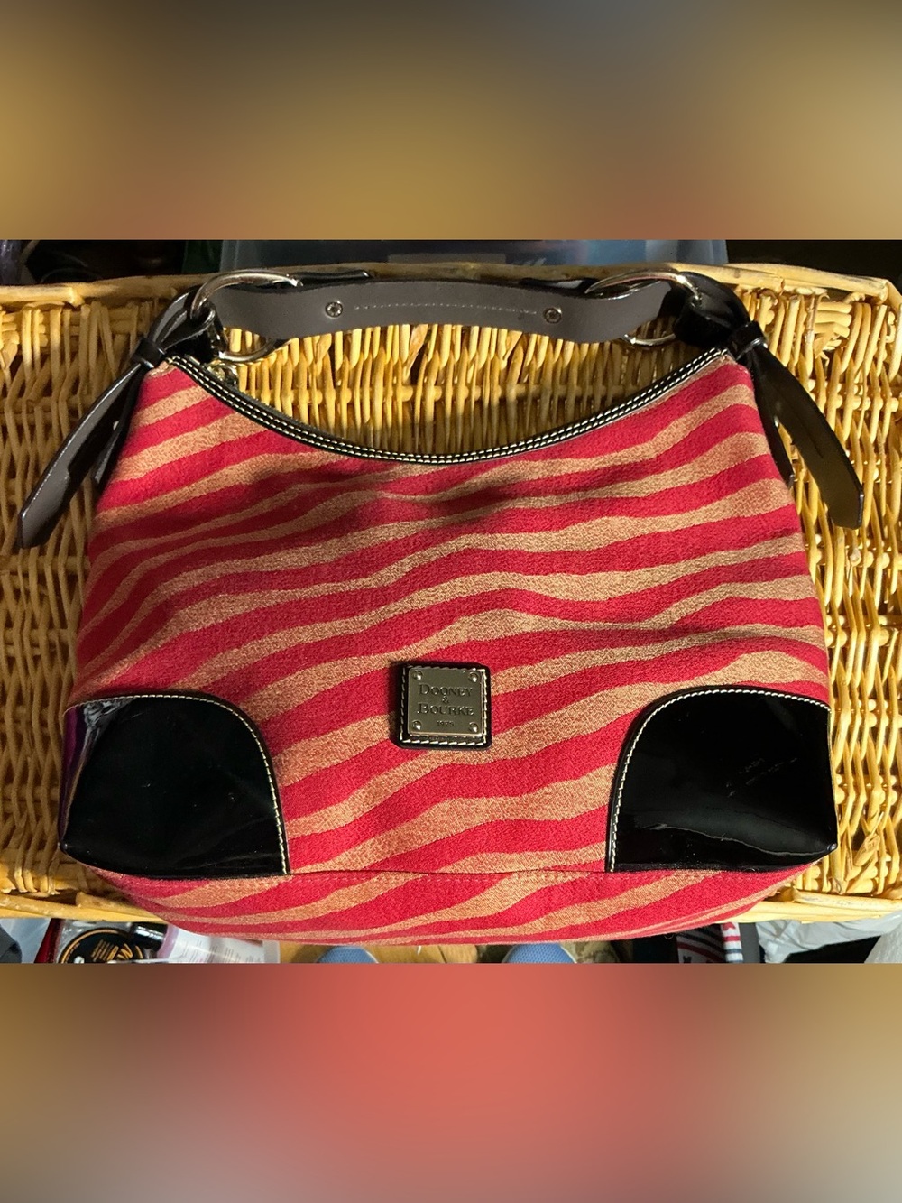 Dooney & Bourke Red and Beige Zebra Stripe Tote with Patent Black Trim